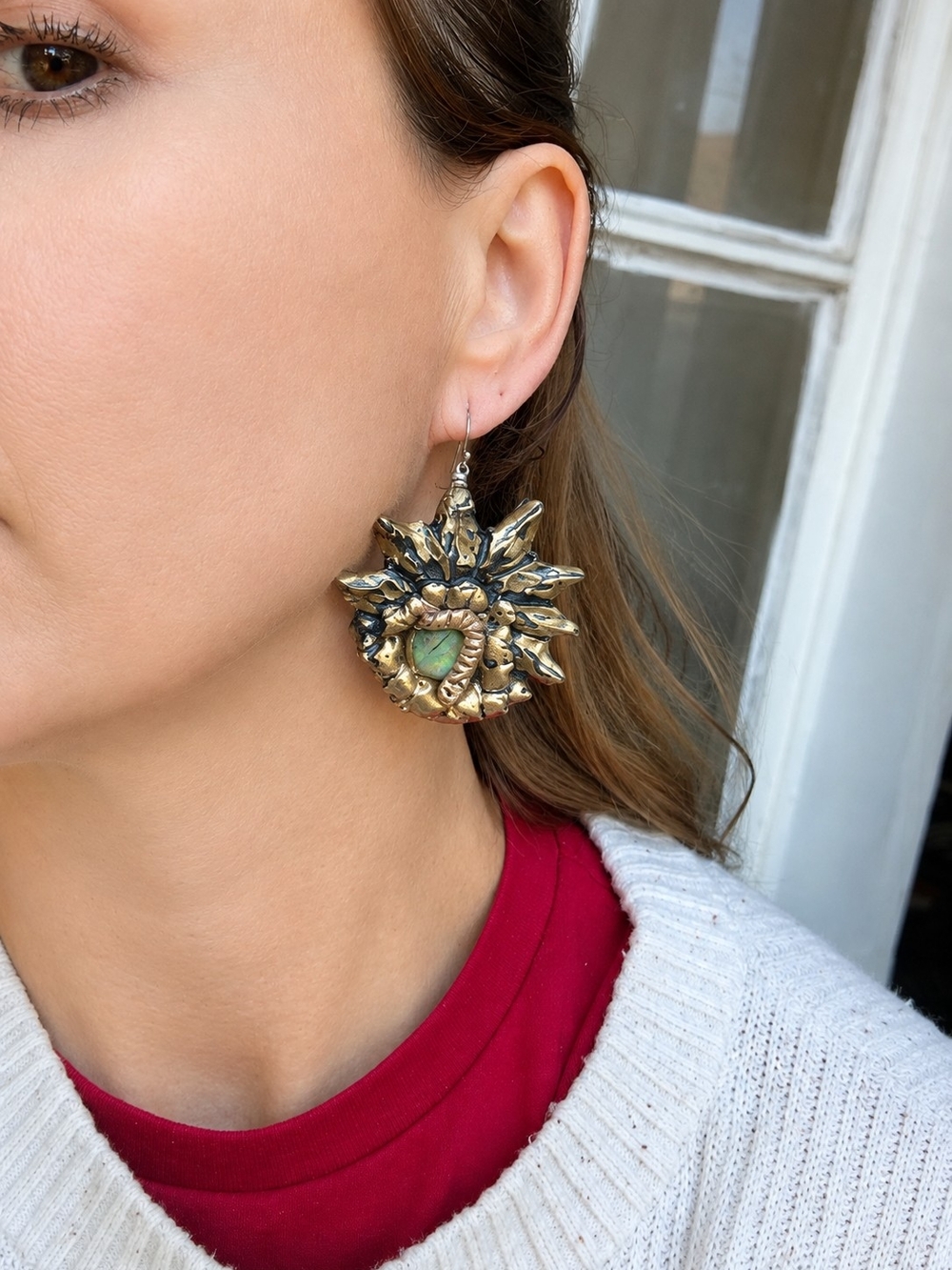 Serenity Gold Sunburst Earrings with Green Accent